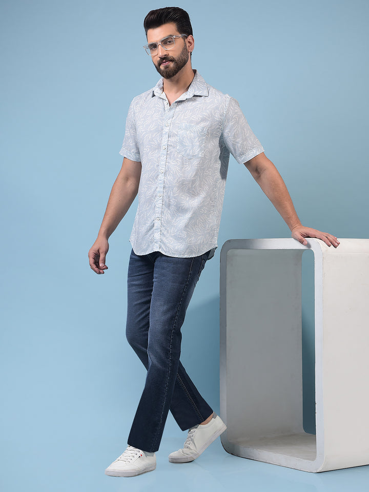 Men's Green Floral Print Linen Shirt-Men Shirts-Crimsoune Club