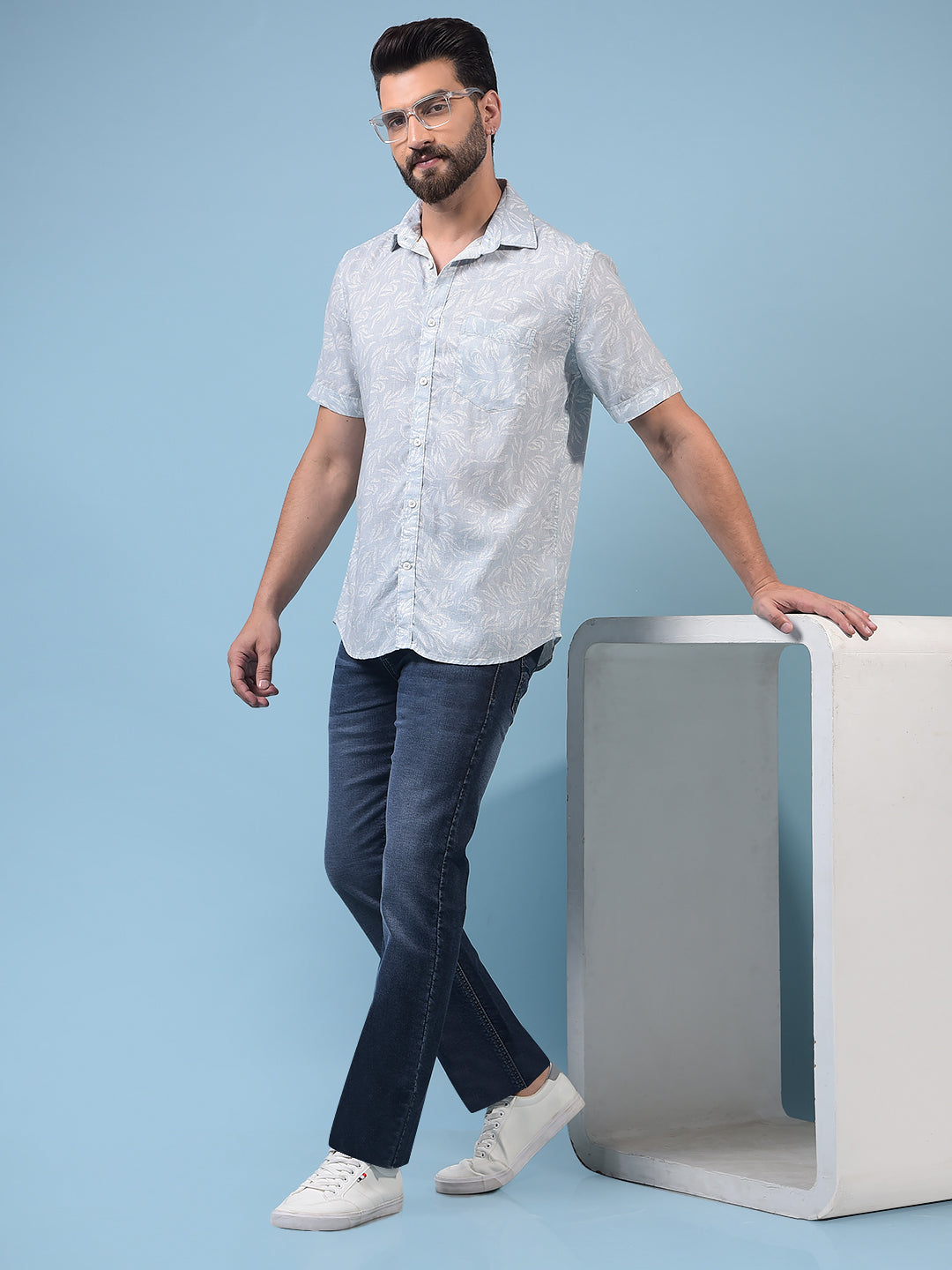 Men's Green Floral Print Linen Shirt-Men Shirts-Crimsoune Club
