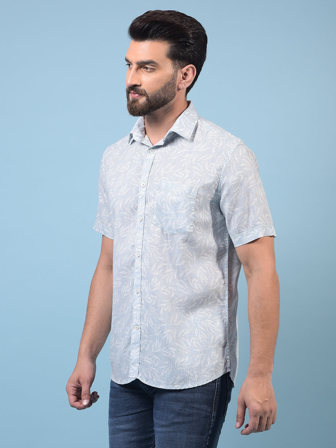 Men's Green Floral Print Linen Shirt-Men Shirts-Crimsoune Club