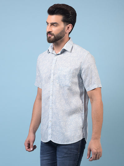 Men's Green Floral Print Linen Shirt-Men Shirts-Crimsoune Club