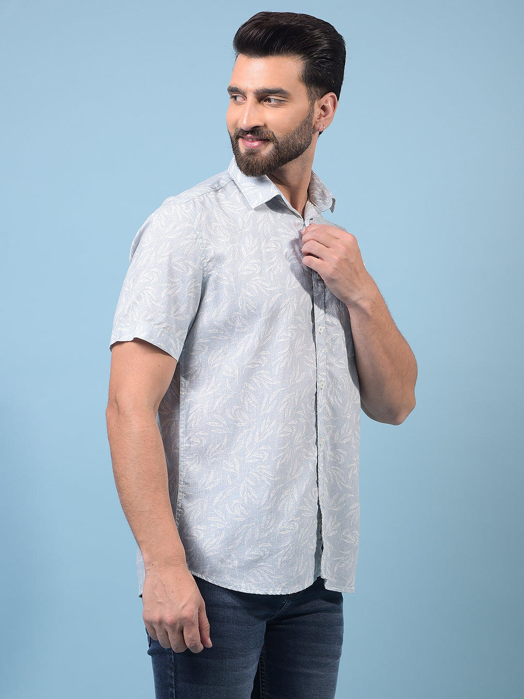 Men's Green Floral Print Linen Shirt-Men Shirts-Crimsoune Club