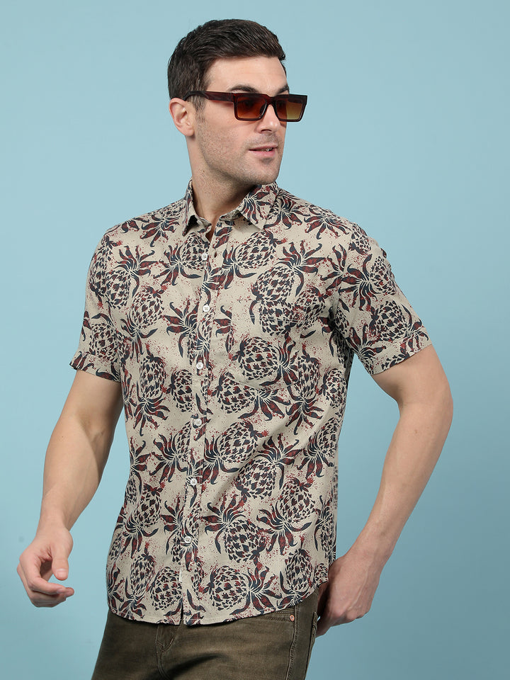 Maroon Floral Print Linen Shirt-Men Shirts-Crimsoune Club