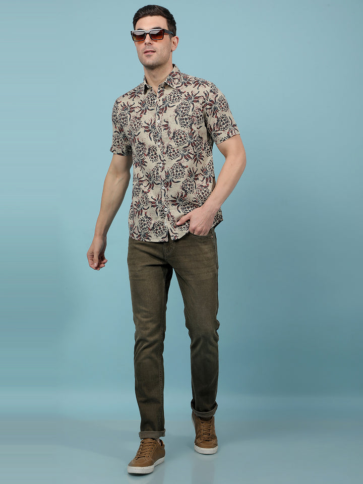 Maroon Floral Print Linen Shirt-Men Shirts-Crimsoune Club