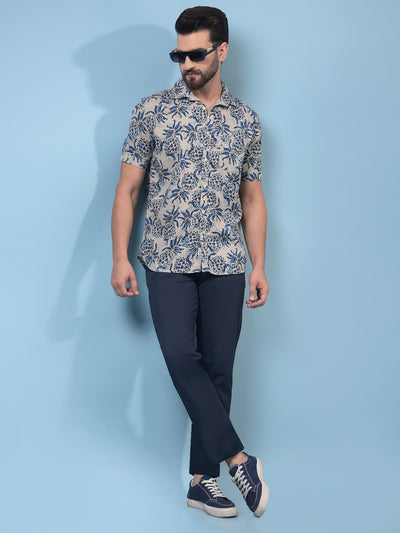 Men's Navy Blue Floral Print Linen Shirt-Men Shirts-Crimsoune Club
