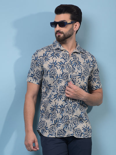 Men's Navy Blue Floral Print Linen Shirt-Men Shirts-Crimsoune Club