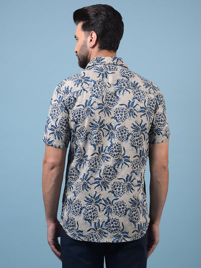Men's Navy Blue Floral Print Linen Shirt-Men Shirts-Crimsoune Club