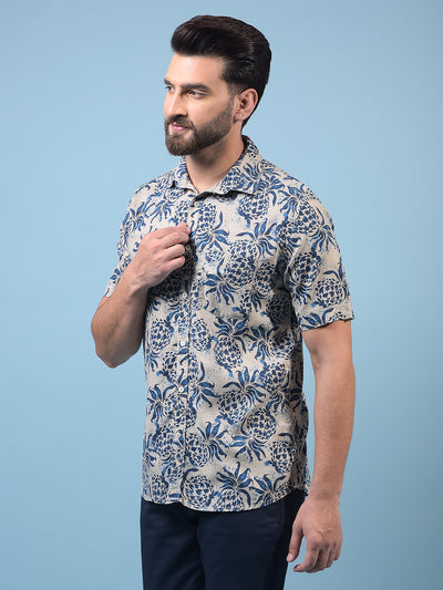 Men's Navy Blue Floral Print Linen Shirt-Men Shirts-Crimsoune Club