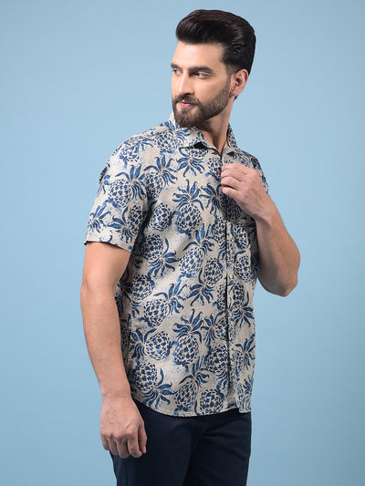 Men's Navy Blue Floral Print Linen Shirt-Men Shirts-Crimsoune Club
