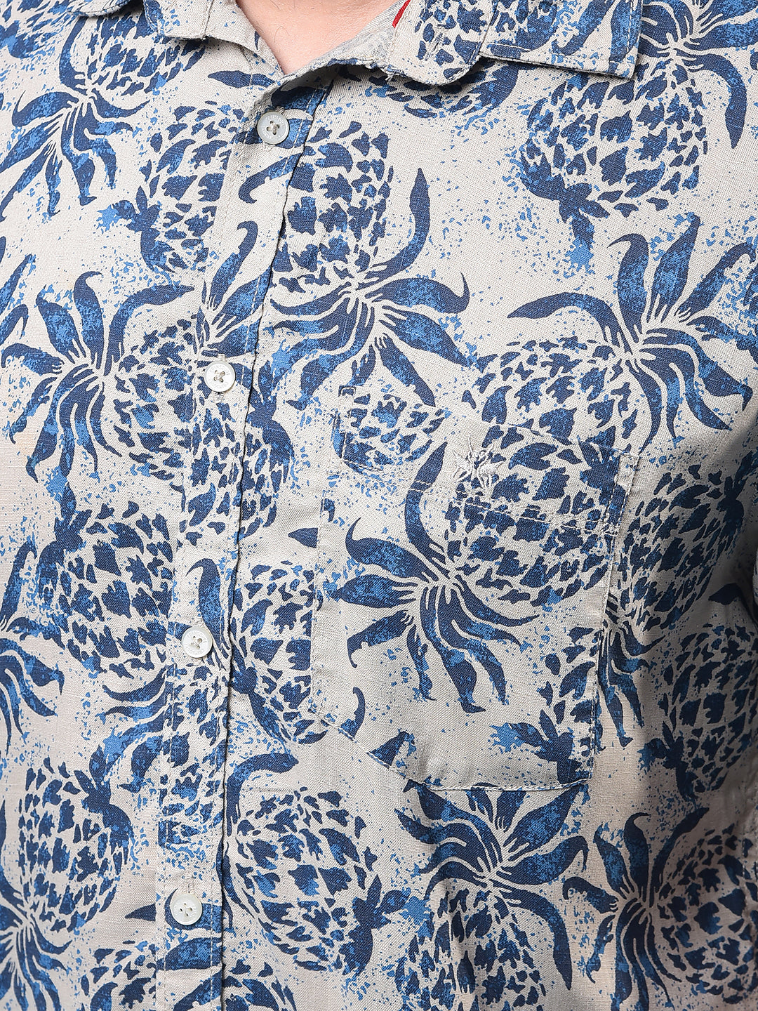Men's Navy Blue Floral Print Linen Shirt-Men Shirts-Crimsoune Club