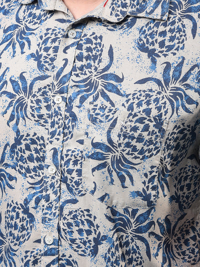 Men's Navy Blue Floral Print Linen Shirt-Men Shirts-Crimsoune Club