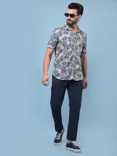 Men's Navy Blue Floral Print Linen Shirt-Men Shirts-Crimsoune Club