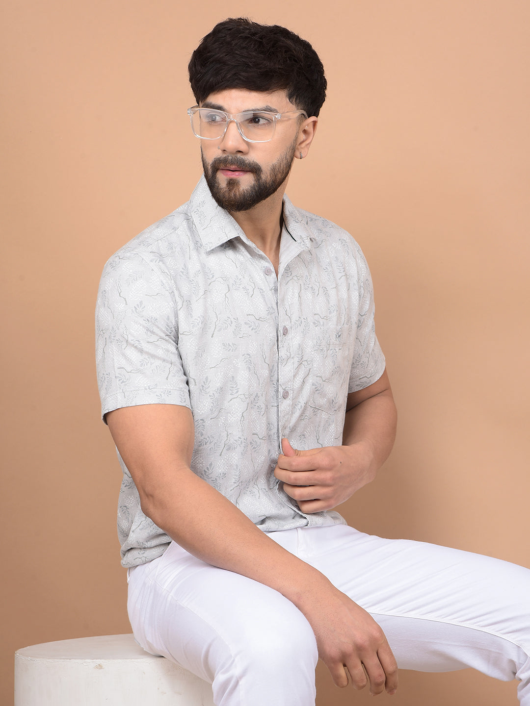 Grey Floral Print Shirt-Men Shirts-Crimsoune Club