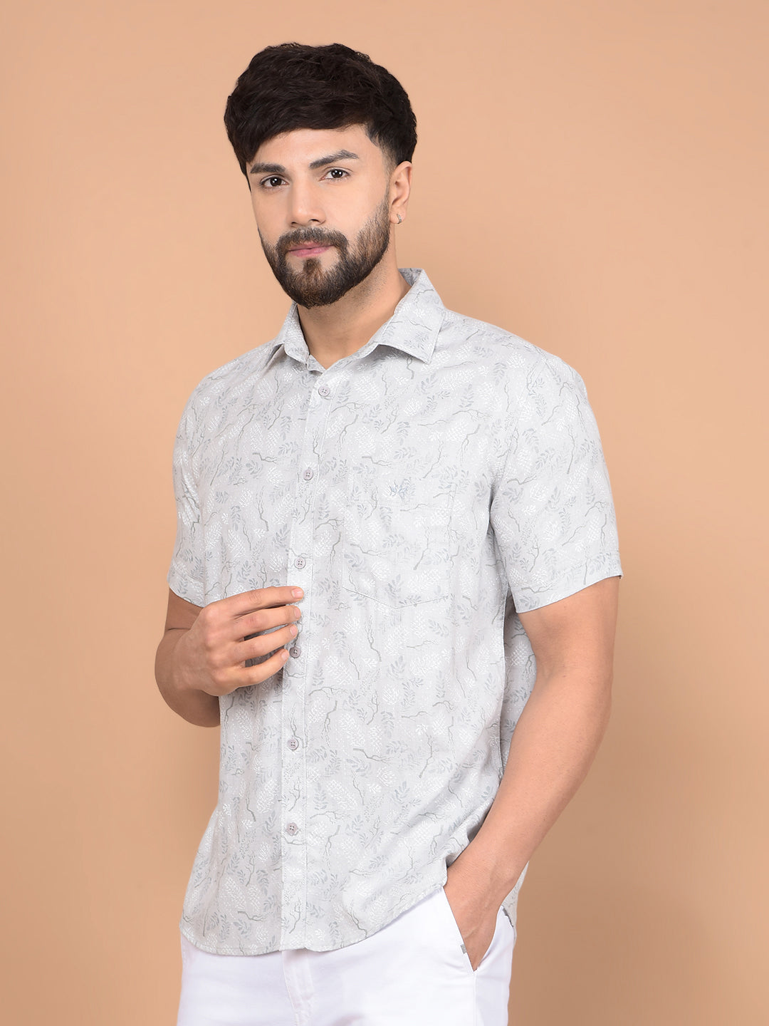 Grey Floral Print Shirt-Men Shirts-Crimsoune Club