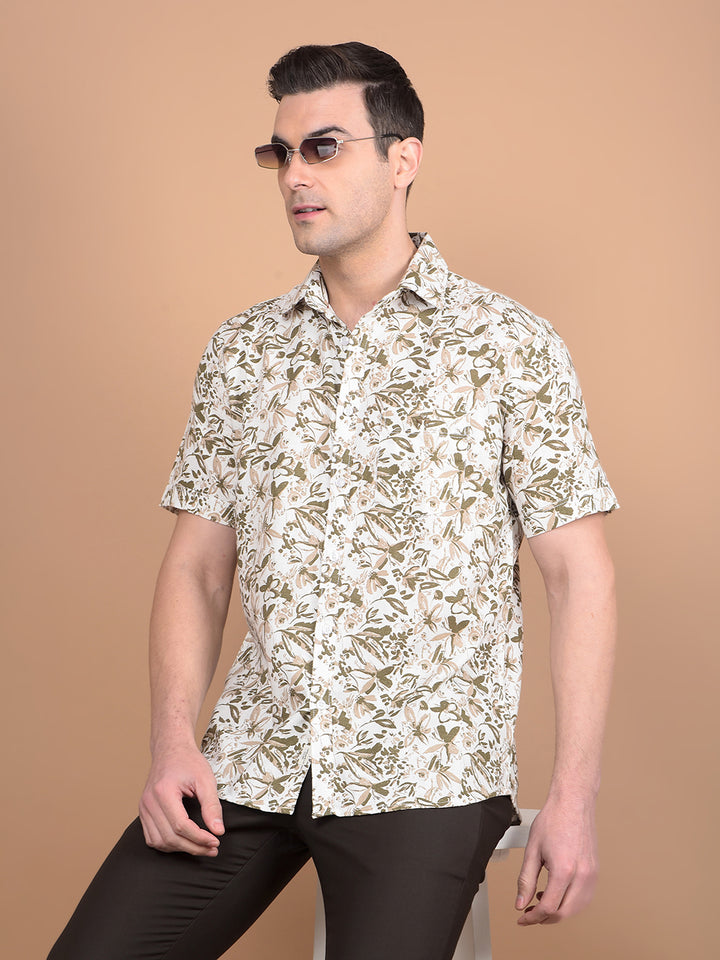 Olive Floral Print 100% Cotton Shirt-Men Shirts-Crimsoune Club