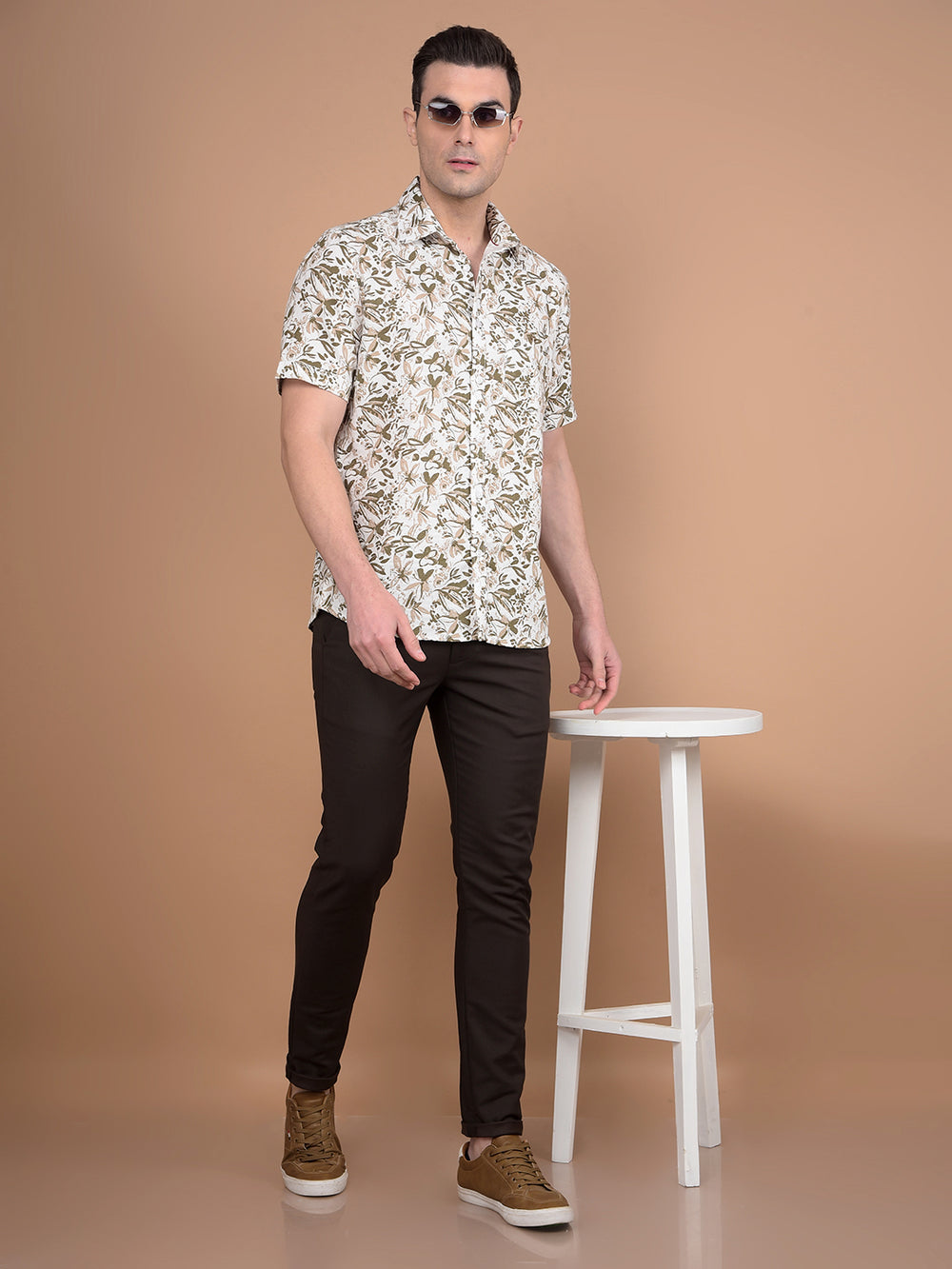 Olive Floral Print 100% Cotton Shirt-Men Shirts-Crimsoune Club