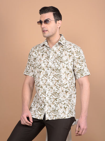 Olive Floral Print 100% Cotton Shirt-Men Shirts-Crimsoune Club