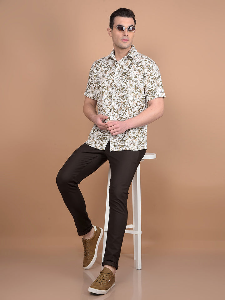 Olive Floral Print 100% Cotton Shirt-Men Shirts-Crimsoune Club