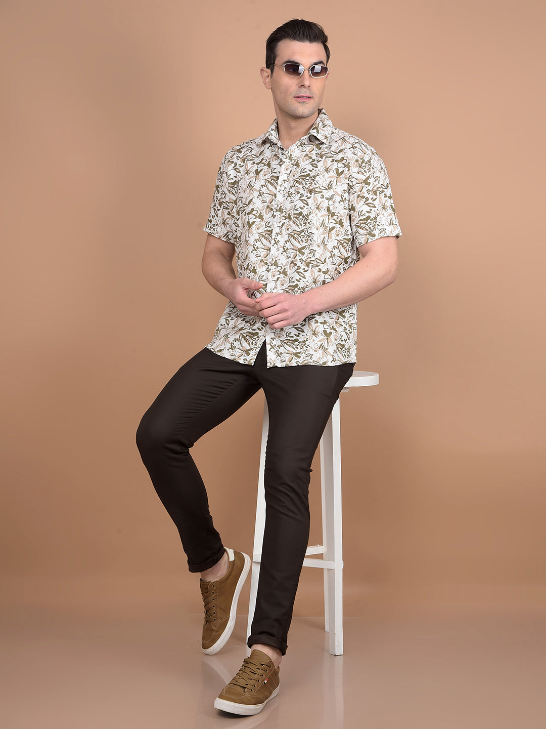Olive Floral Print 100% Cotton Shirt-Men Shirts-Crimsoune Club