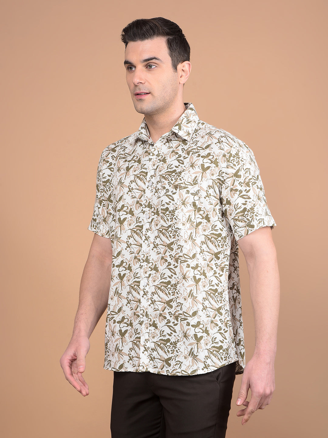Olive Floral Print 100% Cotton Shirt-Men Shirts-Crimsoune Club