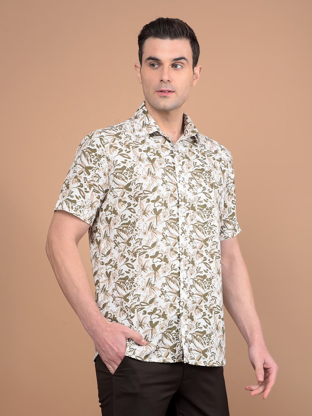 Olive Floral Print 100% Cotton Shirt-Men Shirts-Crimsoune Club