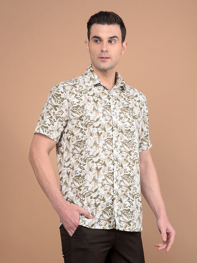 Olive Floral Print 100% Cotton Shirt-Men Shirts-Crimsoune Club
