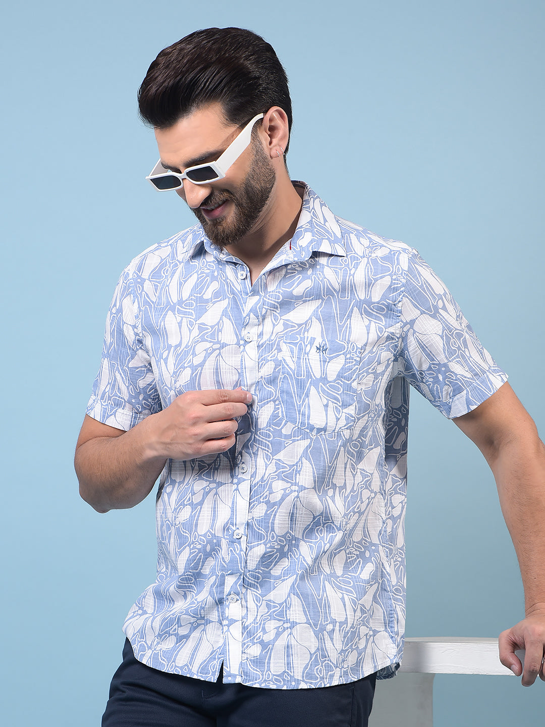 Men's Blue Printed 100% Cotton Shirt-Men Shirts-Crimsoune Club