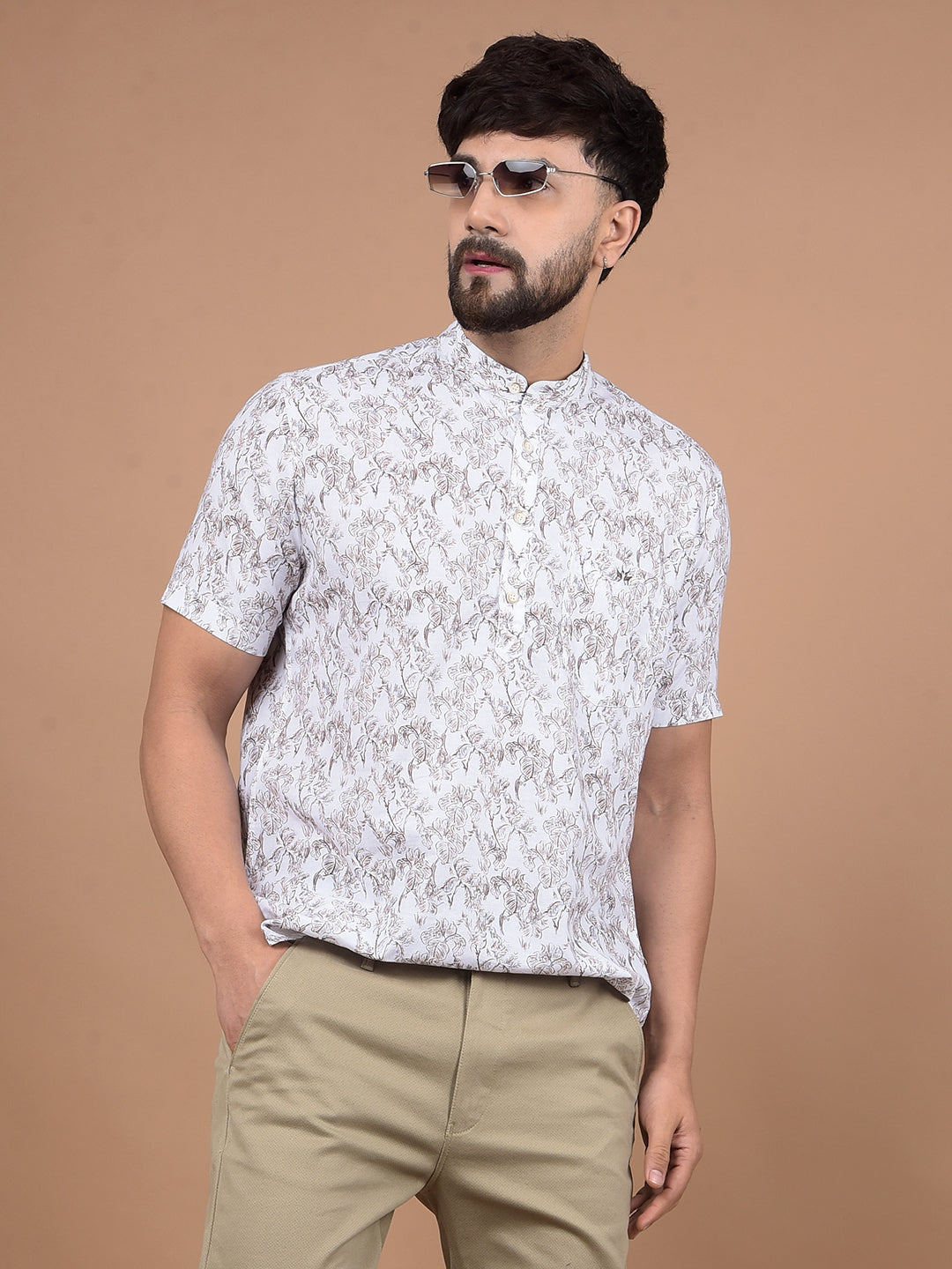 White Floral Print Linen Kurta-Men Kurtas-Crimsoune Club