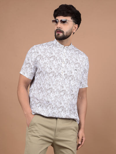 White Floral Print Linen Kurta-Men Kurtas-Crimsoune Club