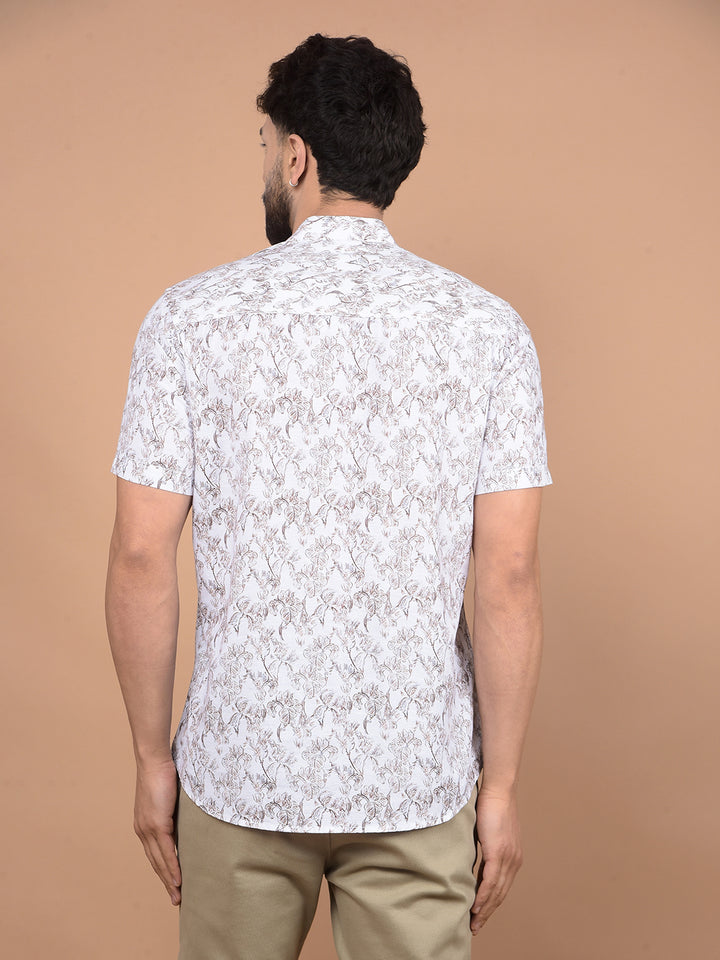White Floral Print Linen Kurta-Men Kurtas-Crimsoune Club