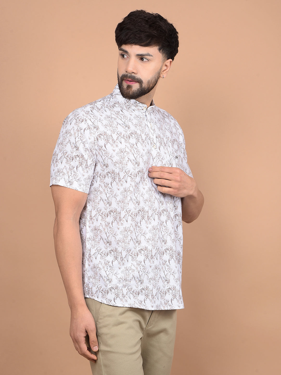 White Floral Print Linen Kurta-Men Kurtas-Crimsoune Club
