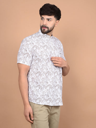 White Floral Print Linen Kurta-Men Kurtas-Crimsoune Club