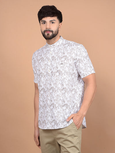 White Floral Print Linen Kurta-Men Kurtas-Crimsoune Club