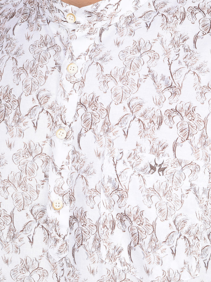 White Floral Print Linen Kurta-Men Kurtas-Crimsoune Club
