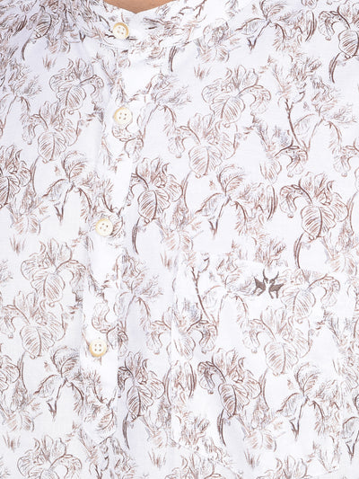 White Floral Print Linen Kurta-Men Kurtas-Crimsoune Club