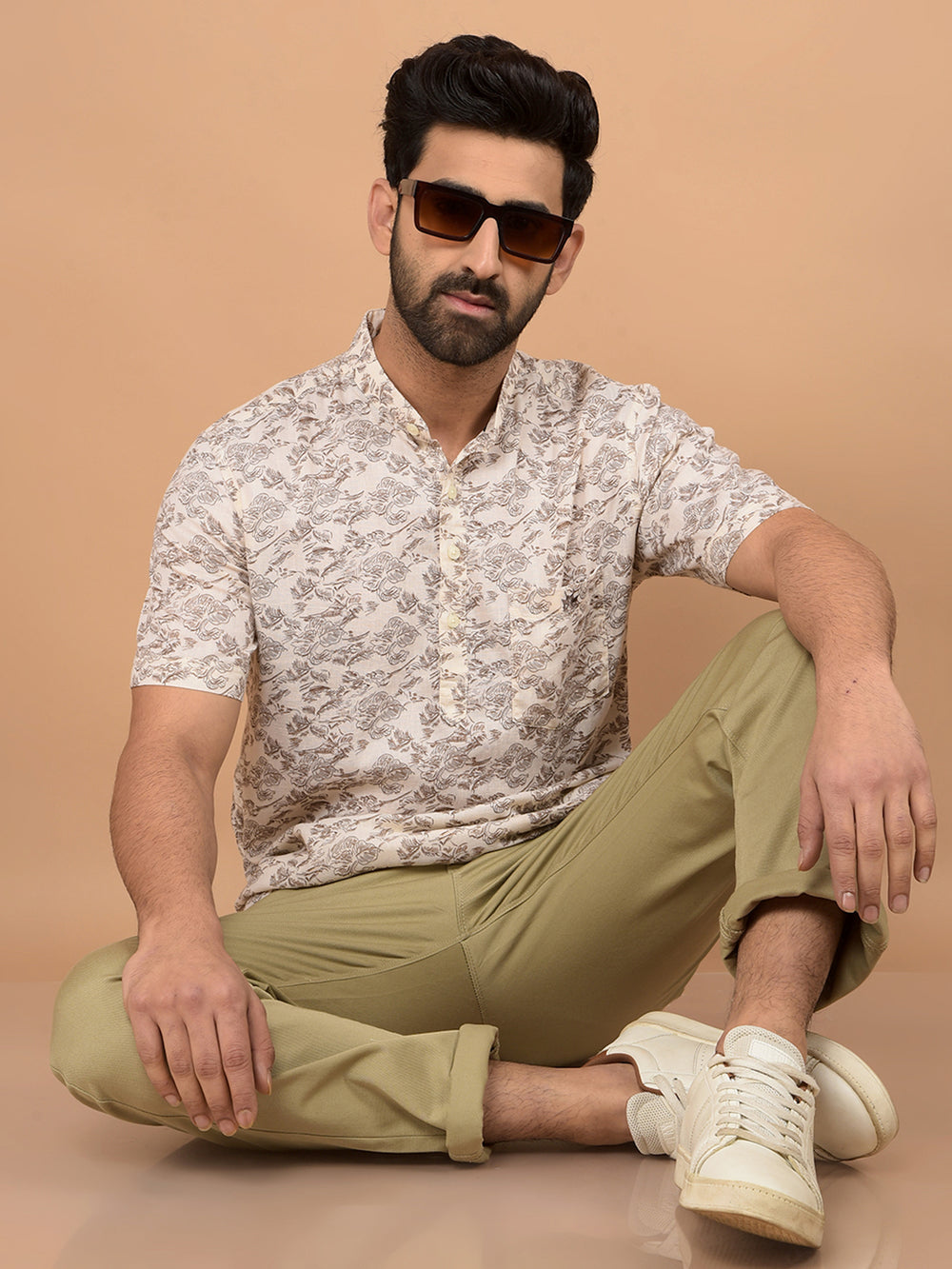 Beige Floral Print Linen Kurta-Men Kurtas-Crimsoune Club