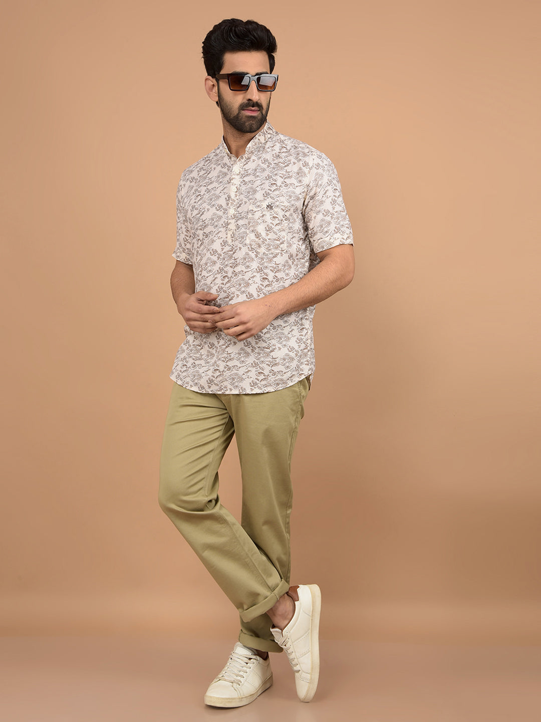 Beige Floral Print Linen Kurta-Men Kurtas-Crimsoune Club