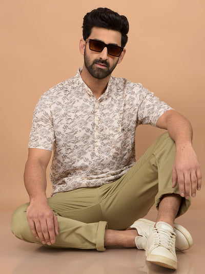 Beige Floral Print Linen Kurta-Men Kurtas-Crimsoune Club