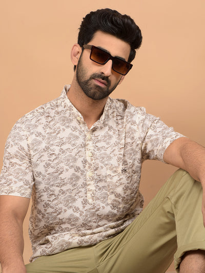 Beige Floral Print Linen Kurta-Men Kurtas-Crimsoune Club