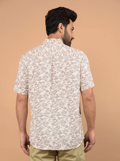 Beige Floral Print Linen Kurta-Men Kurtas-Crimsoune Club