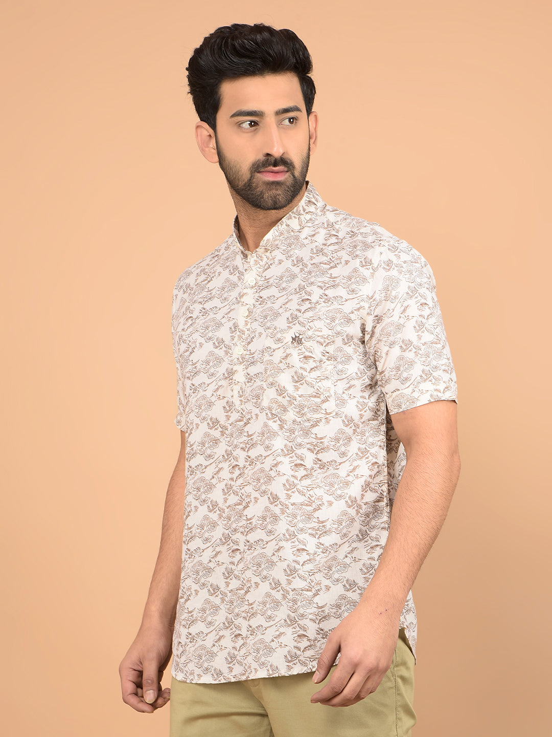 Beige Floral Print Linen Kurta-Men Kurtas-Crimsoune Club