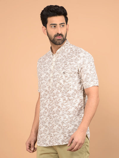 Beige Floral Print Linen Kurta-Men Kurtas-Crimsoune Club