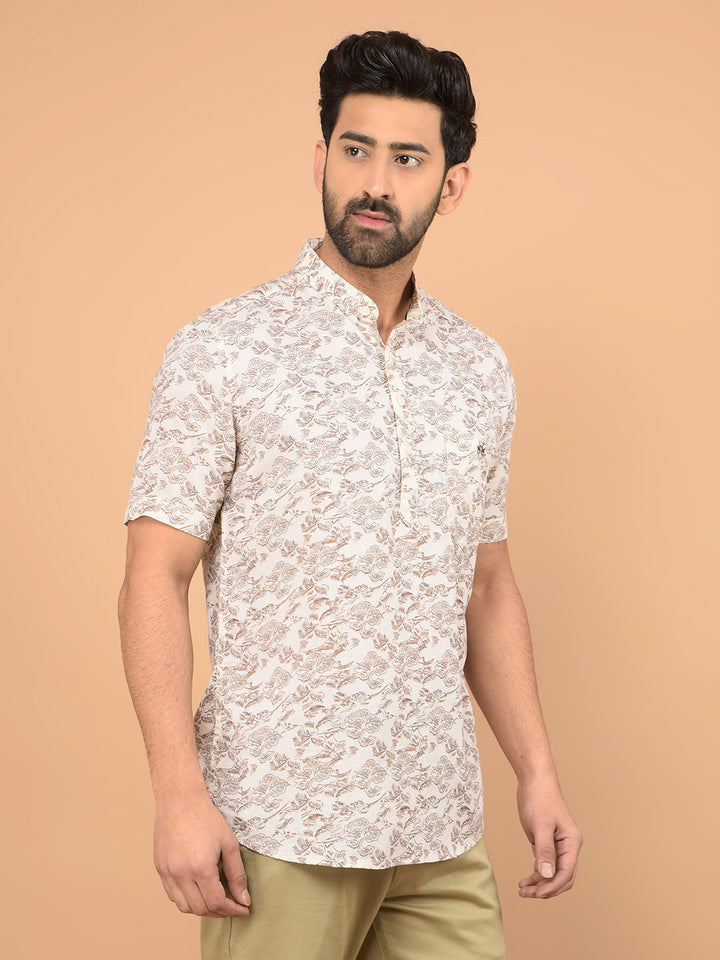 Beige Floral Print Linen Kurta-Men Kurtas-Crimsoune Club