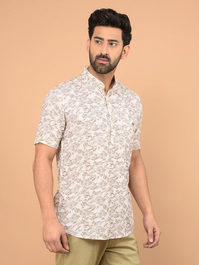 Beige Floral Print Linen Kurta-Men Kurtas-Crimsoune Club