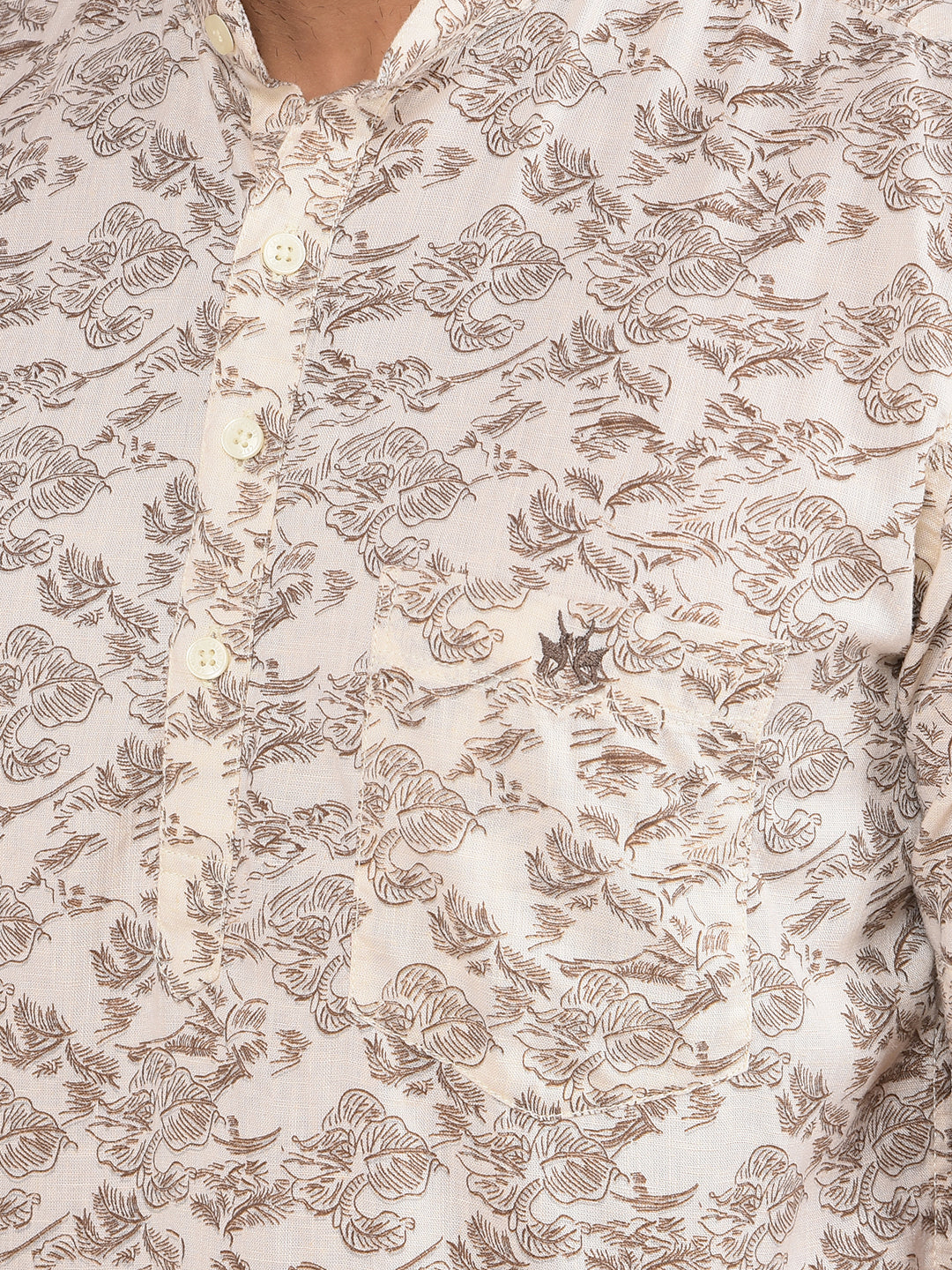 Beige Floral Print Linen Kurta-Men Kurtas-Crimsoune Club
