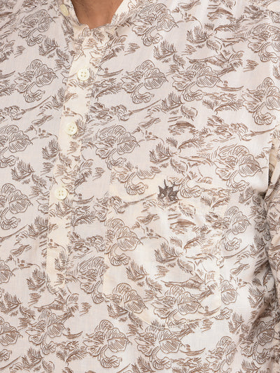 Beige Floral Print Linen Kurta-Men Kurtas-Crimsoune Club