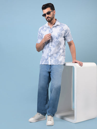 Men's Blue Floral Print 100% Cotton Shirt-Men Shirts-Crimsoune Club