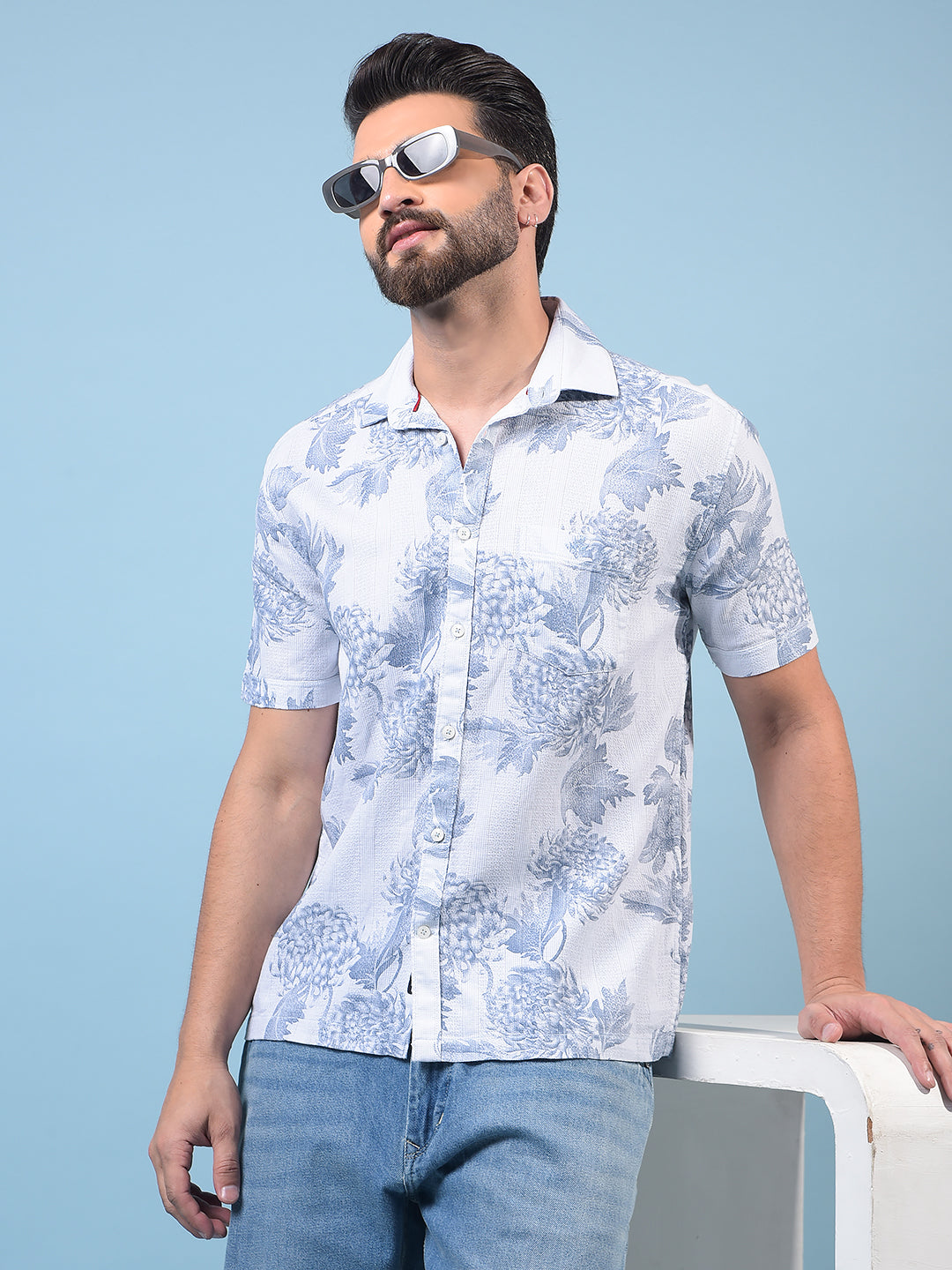 Men's Blue Floral Print 100% Cotton Shirt-Men Shirts-Crimsoune Club