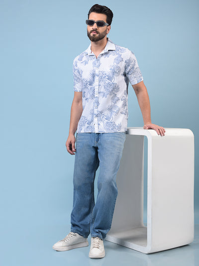 Men's Blue Floral Print 100% Cotton Shirt-Men Shirts-Crimsoune Club