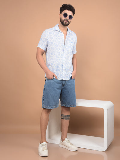 Blue Floral Print Linen Shirt-Men Shirts-Crimsoune Club
