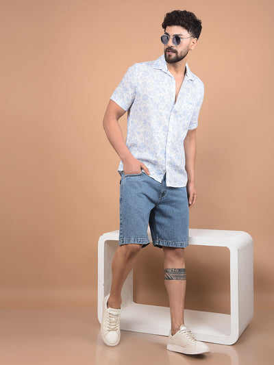 Blue Floral Print Linen Shirt-Men Shirts-Crimsoune Club